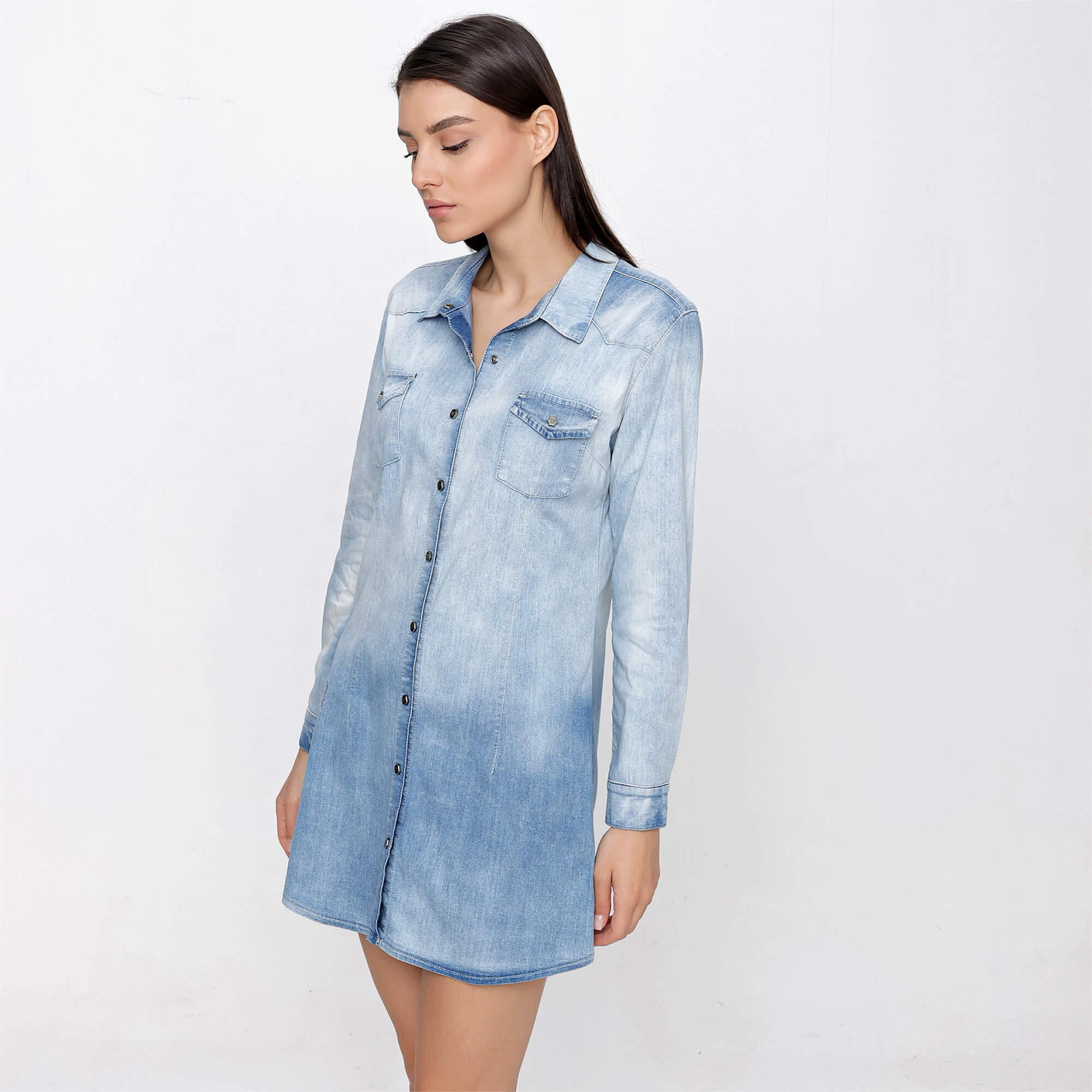 Philipp Plein - Blue Cotton Crystal Skull Embellished Denim Shirt Dress